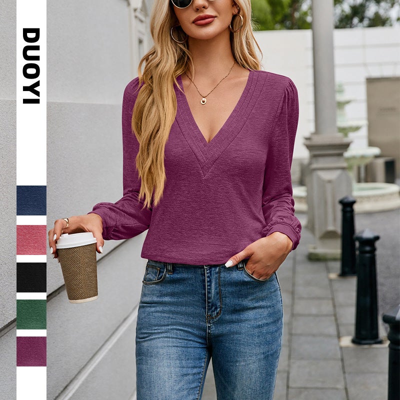 Independent Station 2025 Multi-Layer V Neck Pure Color Long-Sleeved Women'S T-Shirt - Image 2