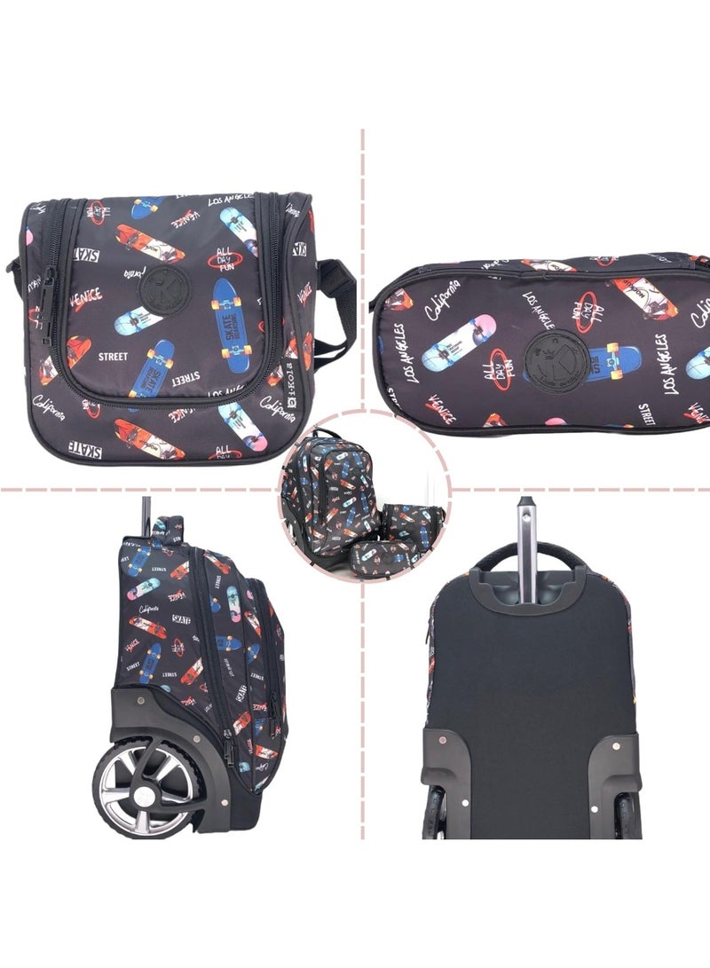 i-kola 3pcs Skate Black Kids Rolling School Bag Set – School Trolley Bag with Lunch Bag & Pencil Case | 18″ Kid Luggage Bag with Wheels  | School Bag For Boys & Girls | Kids Travel Luggage Trolley Set (E770-18BW3) - Image 4