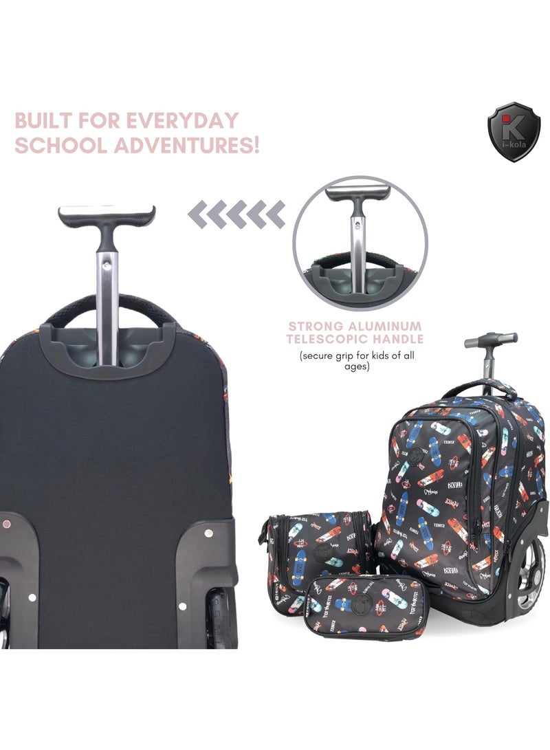 i-kola 3pcs Skate Black Kids Rolling School Bag Set – School Trolley Bag with Lunch Bag & Pencil Case | 18″ Kid Luggage Bag with Wheels  | School Bag For Boys & Girls | Kids Travel Luggage Trolley Set (E770-18BW3) - Image 3