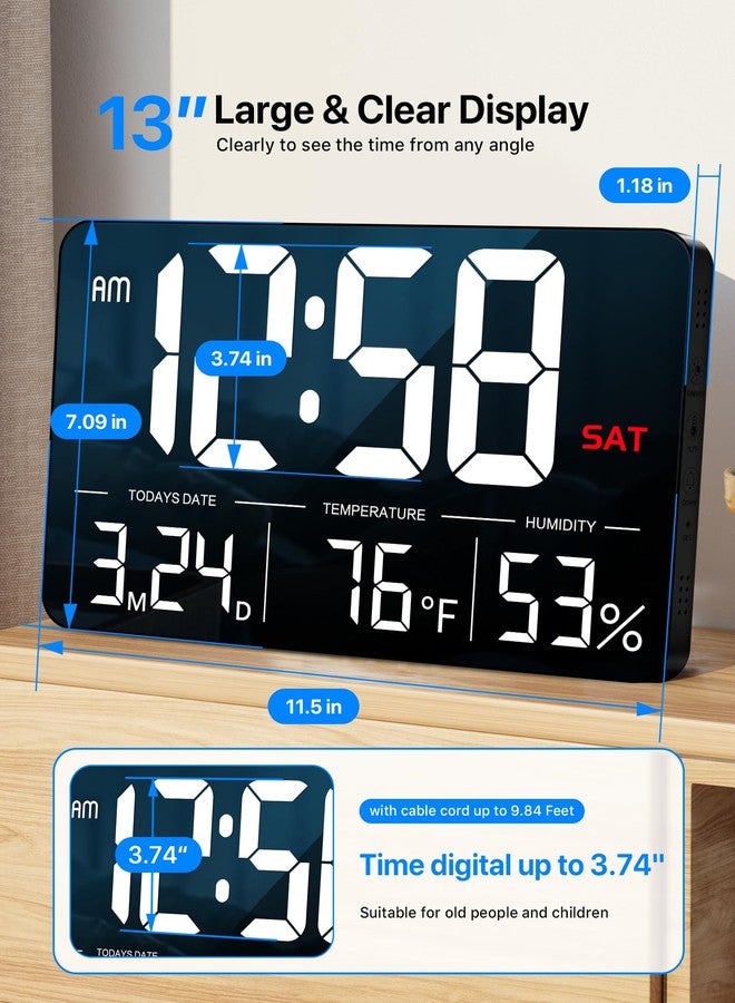 MASHI Digital Clock,13" Large Display Digital Wall Clock, Adjustable Brightness Calendar Clock with Day and Date,DST,Alarms,Humidity, Temperature for Desk, Wall Mounted, Gift for Elderly - Image 1