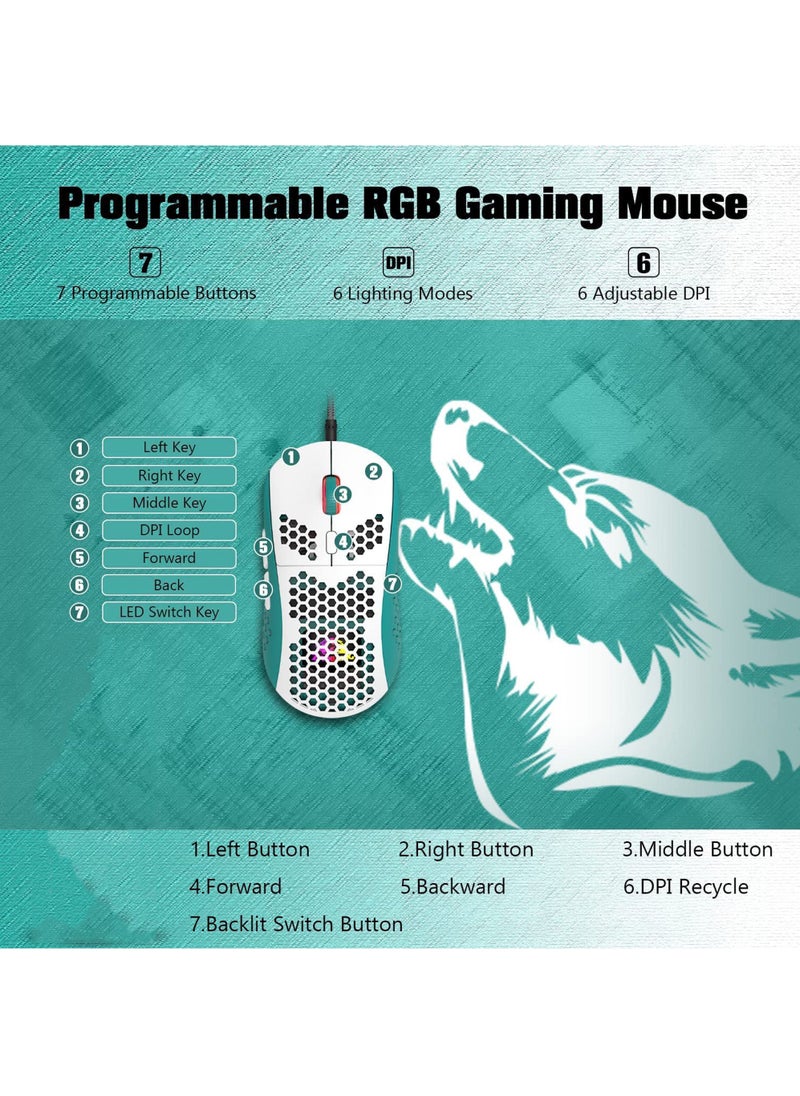 Rock Pow - M8 LED Gaming Mouse Ergonomic Ultra-Lightweight Honeycomb Shell Custom Tri-Colour Design Chroma RGB Backlit 7 Programmable Buttons 6400 DPI Computer Mice for PS4 Xbox Laptop PC Gamers - Image 1