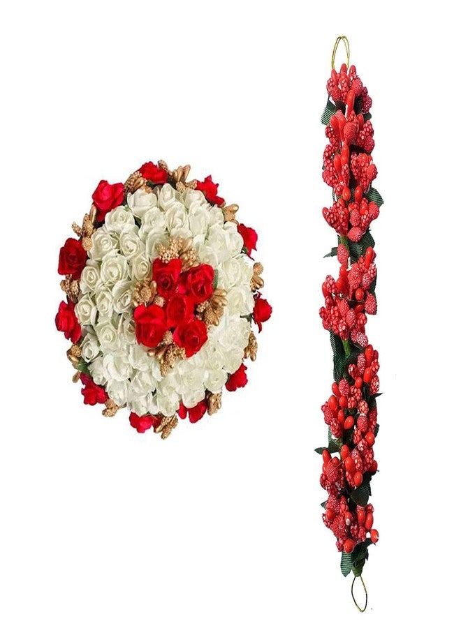 AorviDesigns Flower gajra Bun Gajra Juda Maker/Long Gajra Gajra لحفلات الزفاف وإكسسوارات الشعر للنساء، عبوة من 2 (أحمر وأبيض) - Image 2