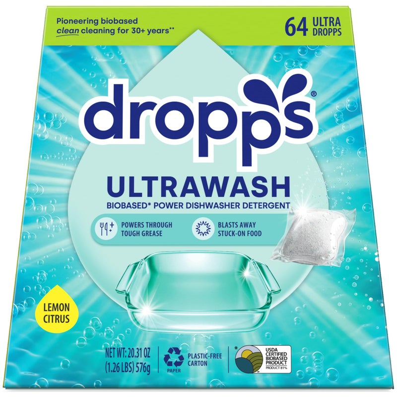 Dropps UltraWash Dishwasher Pods, Lemon Citrus (64 Count) - Biobased Power Deep Clean Dishwasher Detergent Tablets for Sparkling Shiny Dishes - No Rinse Aid or Pre-Wash Needed -Dishwashing Pods - Image 2