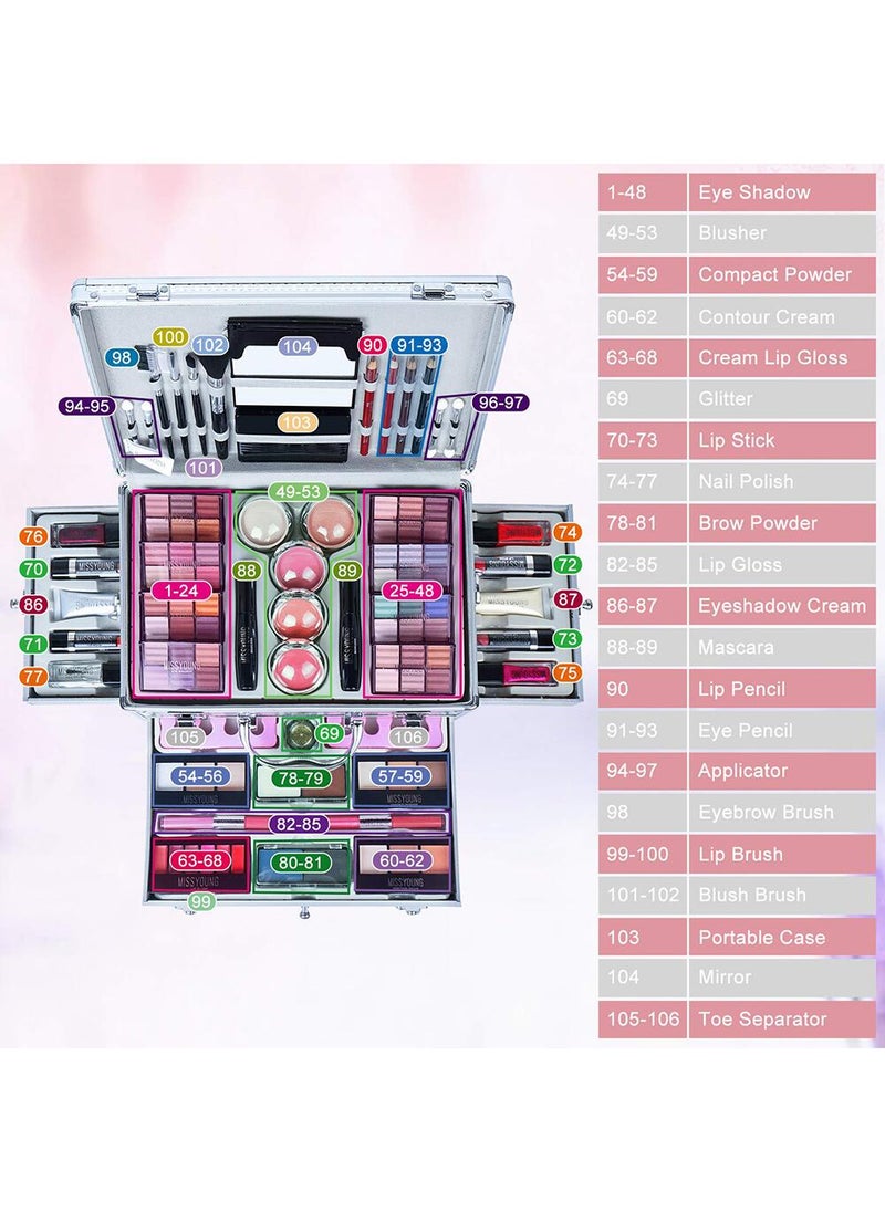 Missyoung - Professional Multifunctional Makeup Kit 106pcs Makeup Tools Eyeshadow Lipstick Mascara Lip Liner Makeup Brush Makeup Artist Makeup Box For Women Full Kit - Image 1