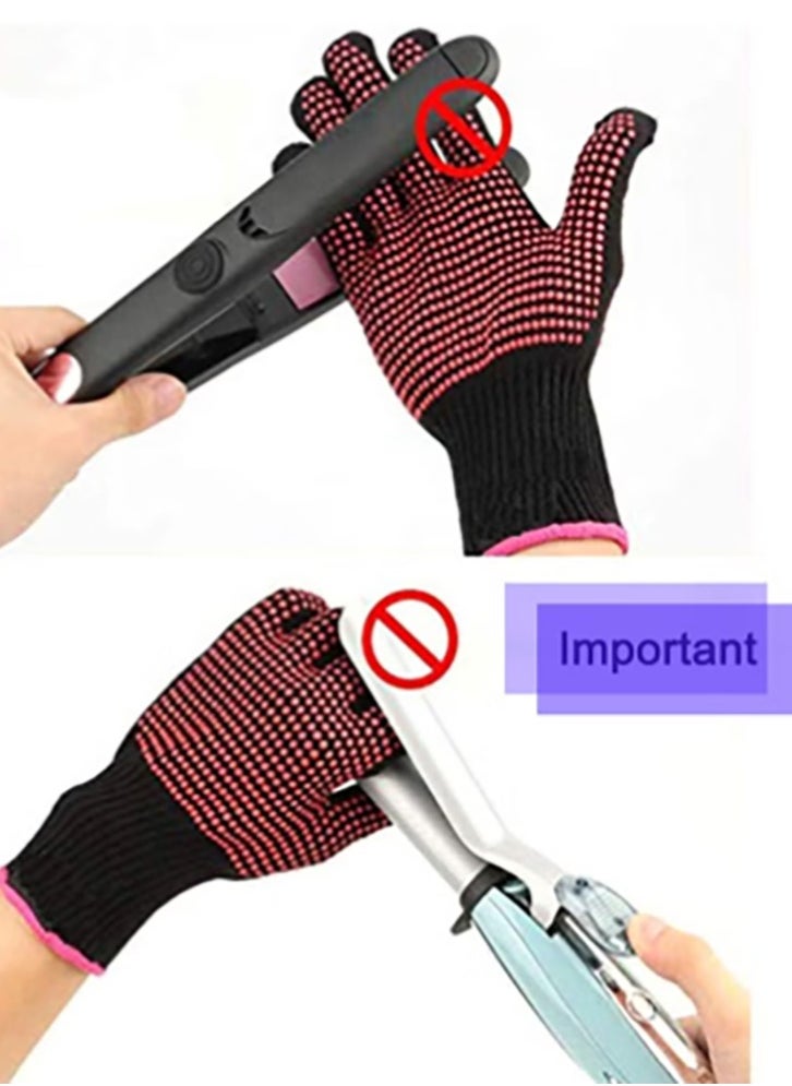 2 Pcs Professional Heat Resistant Glove for Hair Styling Heat Blocking Gloves for Curling, Flat Iron and Hair Styling Tools, Silicone Bump, Pink Edge