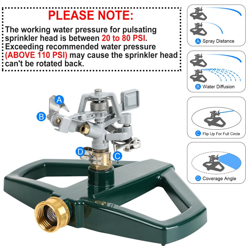 STYDDI Heavy Duty Impact Pulsating Sprinkler for Yard, All Metal Adjustable Rotating Circular Impulse Lawn Sprinkler for Medium to Large Areas, Lawn and Garden, Coverage up to 5,800 Sq. Ft - Image 3
