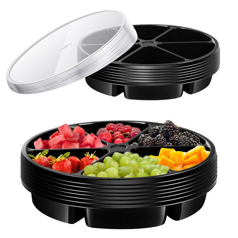 Baderke Baderke 10 Pack 10 Inches Round Plastic Serving Tray 6 Sectional Plastic Appetizer Tray with Lid Clear Food Platters Round Platter Container Veggie Fruit Organizer for Party and Buffet Black 