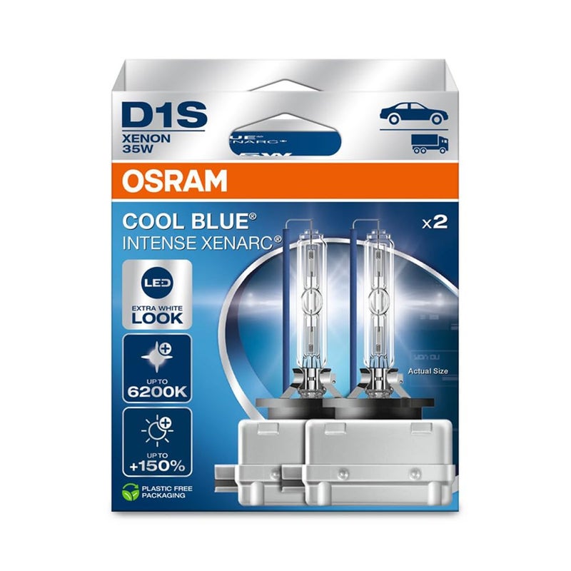 OSRAM Xenarc® Cool Blue® Intense D1S, +150% More Brightness, up to 6,200 K, Xenon Headlight Bulb, LED Look, Hanging Box (2 Lamps) - Image 1