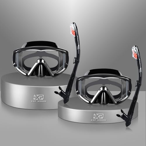 EXP VISION Snorkel Set Pano 3 Window Adult Snorkeling Gear Professional Snorkel Goggles AntiFog Diving Mask AntiLeak Swim Goggles and Dry Top Snorkel for Diving Snorkeling Swimming Black2 Pack - Image 1