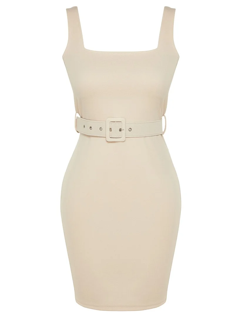 trendyol Square Neck Belted Dress