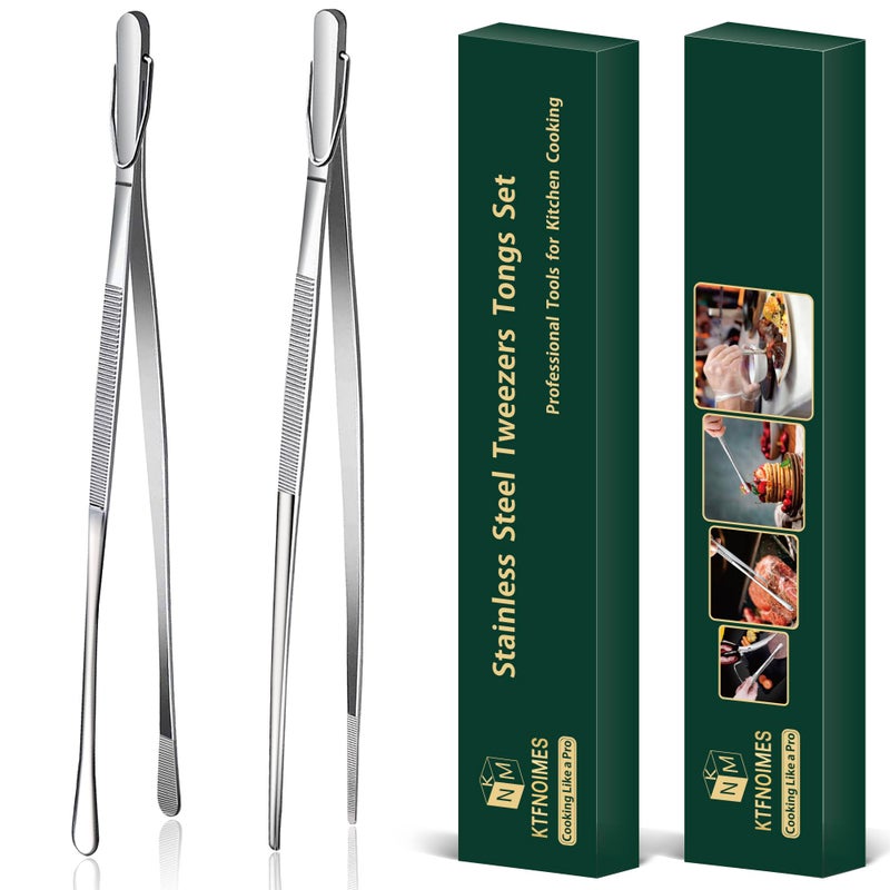 KTFNOMES 2 Pcs 12-Inch Cooking Tweezers Fine Tweezer Tongs, Extra-Long Stainless Steel Kitchen Tweezers, for Grilling, Serving, and Food Preparation,Silver - Image 1