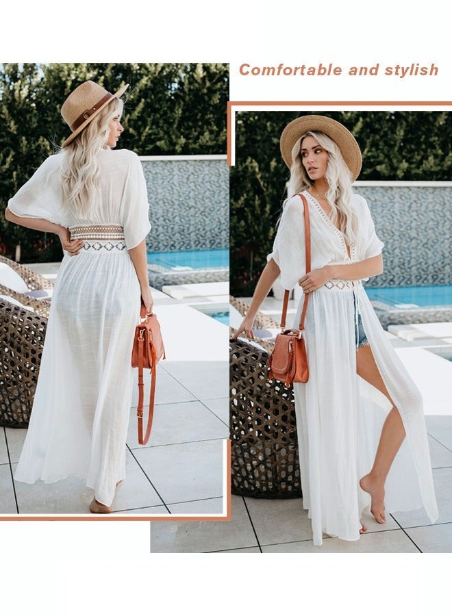 Women Lace-up Beach Blouse Cover Beachwear Up Embroidery Mesh Dress Kimonos Bathing Suit Sunscreen Swim Skirt Hollow Lace Cardigan for Summer White - Image 4