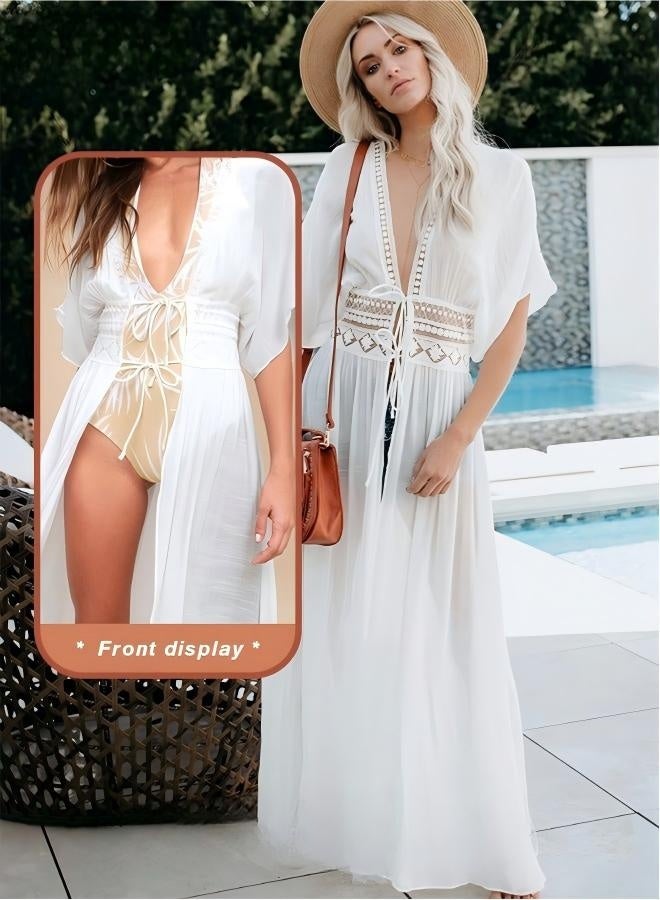 Women Lace-up Beach Blouse Cover Beachwear Up Embroidery Mesh Dress Kimonos Bathing Suit Sunscreen Swim Skirt Hollow Lace Cardigan for Summer White - Image 2
