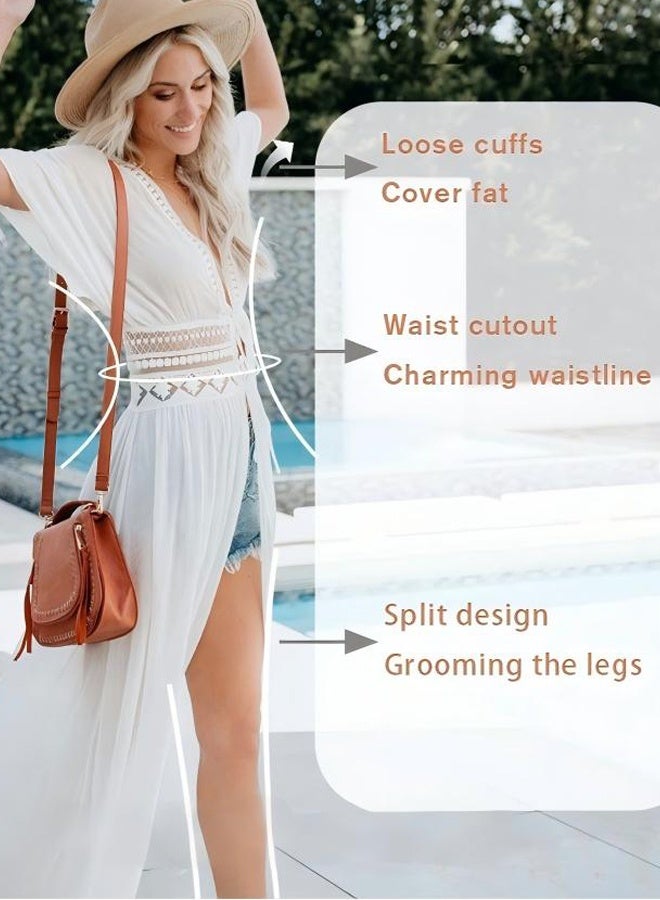 Women Lace-up Beach Blouse Cover Beachwear Up Embroidery Mesh Dress Kimonos Bathing Suit Sunscreen Swim Skirt Hollow Lace Cardigan for Summer White - Image 3