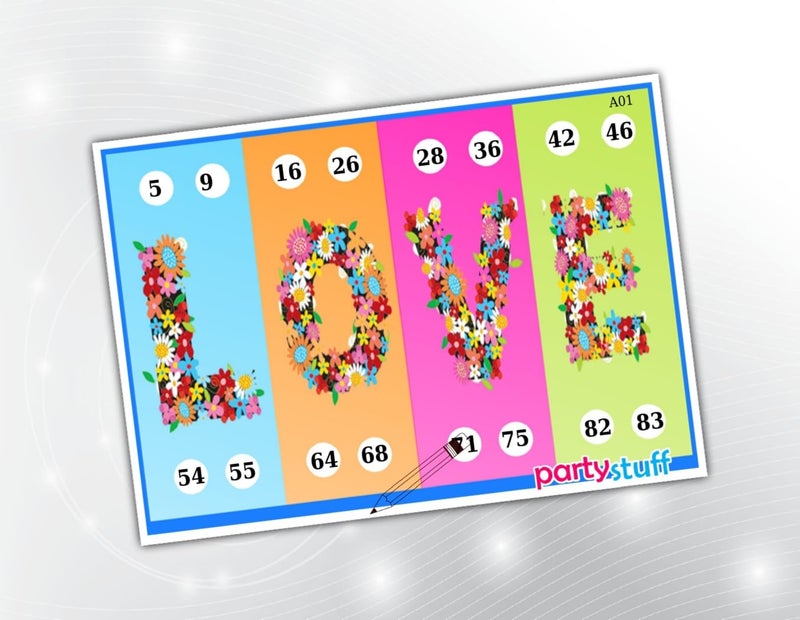 PartyStuff Romance Theme Tambola Housie Tickets - Love Alphabets kukuba 1 - Designer Kukuba (16 Cards) - Image 1
