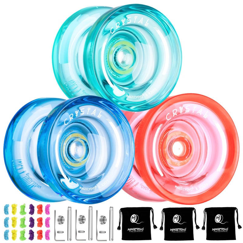 MAGICYOYO K2 Crystal Yoyo Pack of 3, Responsive Yoyo for Kids, Professional Dual Purpose Yoyos Replacement Unresponsive Bearing for Adults/Advanced+18 Strings+Yoyo Accessory Kit(Green+Blue+Orange) - Image 1