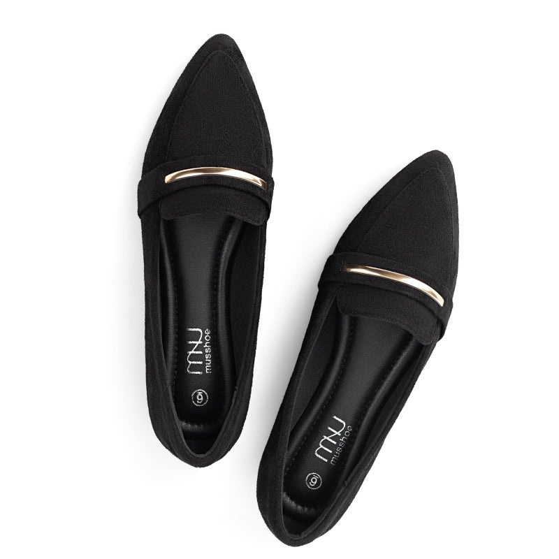MUSSHOE Loafers for Women Pointed Toe: Dressy Gold Bit Flats, Suede BusinessCasual Slip On Shoes for Office Work,Interview & Teacher,Black 8 - Image 1