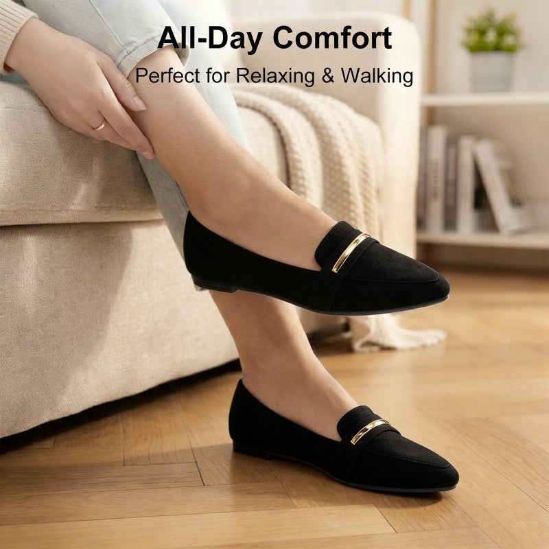 MUSSHOE Loafers for Women Pointed Toe: Dressy Gold Bit Flats, Suede BusinessCasual Slip On Shoes for Office Work,Interview & Teacher,Black 8 - Image 4