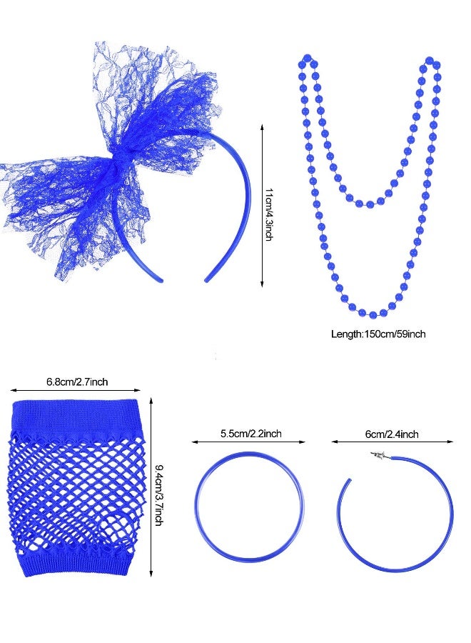 80s Fancy Dress Costume Accessories Lace Headband Earrings Fishnet Gloves Necklace Bracelet for Retro Party, Royal Blue - Image 5