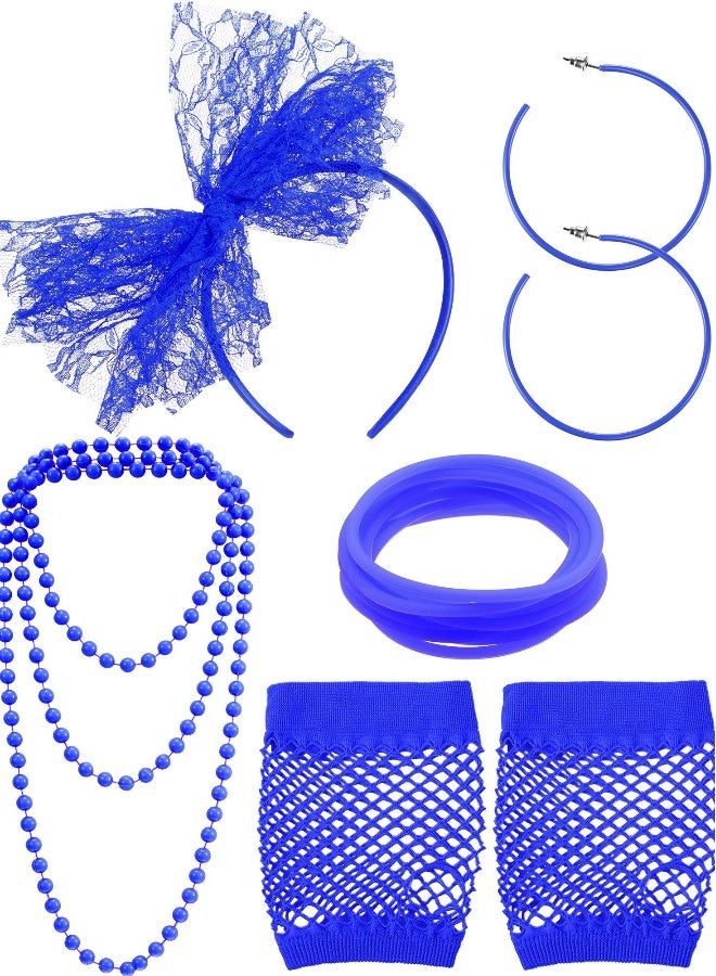 80s Fancy Dress Costume Accessories Lace Headband Earrings Fishnet Gloves Necklace Bracelet for Retro Party, Royal Blue - Image 1