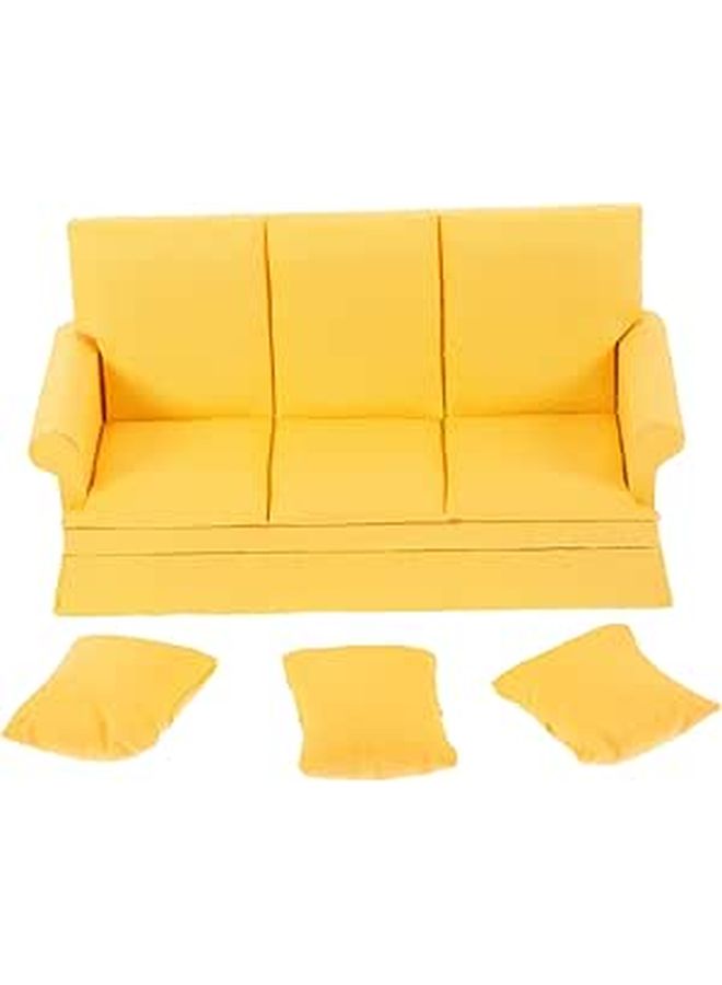 Yellow Dollhouse Miniature Sofa Set With 3 Pillows Living Room Furniture Decor - Image 1