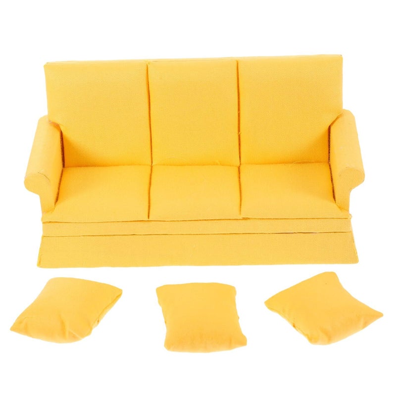 Yellow Dollhouse Miniature Sofa Set With 3 Pillows Living Room Furniture Decor - Image 2