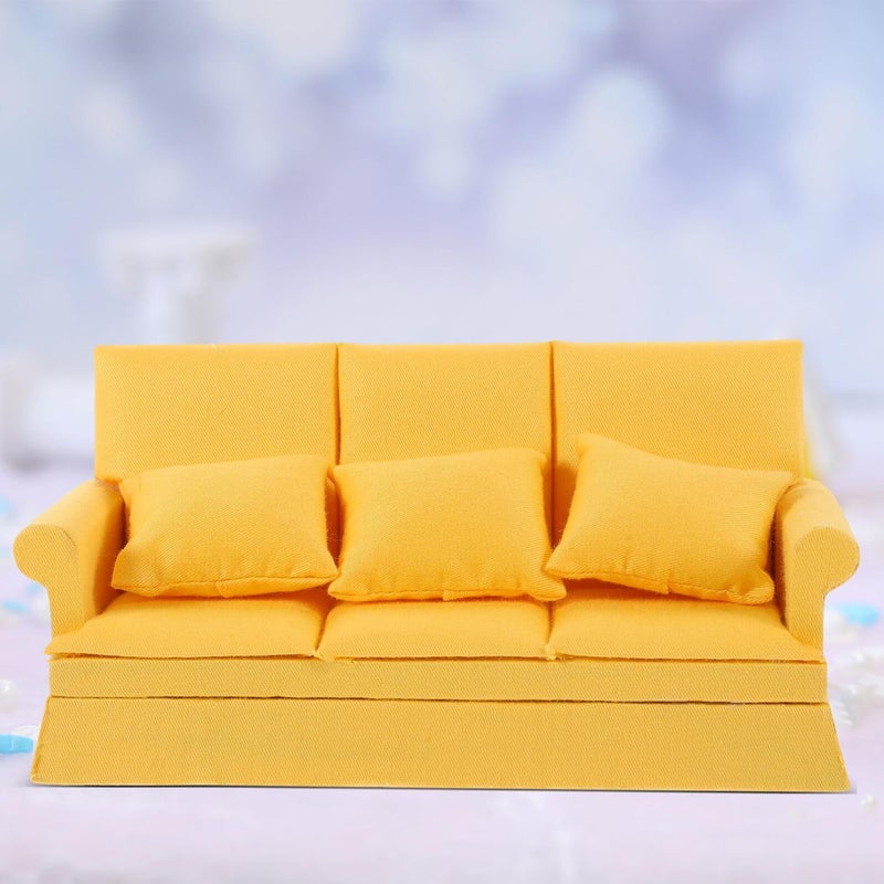 Yellow Dollhouse Miniature Sofa Set With 3 Pillows Living Room Furniture Decor - Image 5