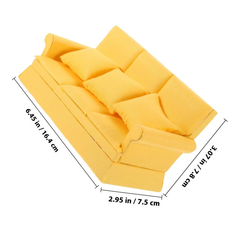 Yellow Dollhouse Miniature Sofa Set With 3 Pillows Living Room Furniture Decor - Image 3
