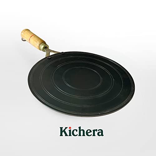 Kichera Traditional Pure Iron Dosa Kal/Tawa with Wooden Handle 28cm/11 inch, 1kg | Gas Stove and Induction Friendly | Pre-Seasoned Black Flat Tawa - Image 3