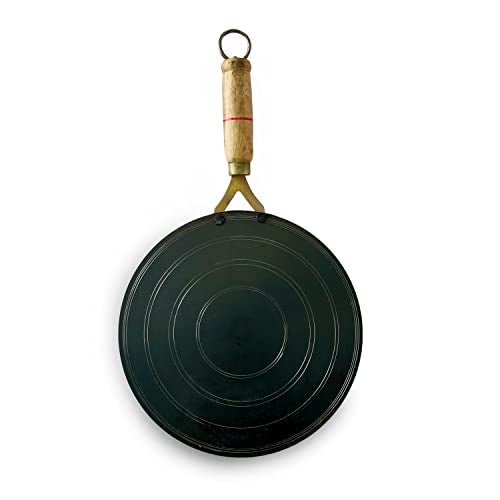 Kichera Traditional Pure Iron Dosa Kal/Tawa with Wooden Handle 28cm/11 inch, 1kg | Gas Stove and Induction Friendly | Pre-Seasoned Black Flat Tawa - Image 1