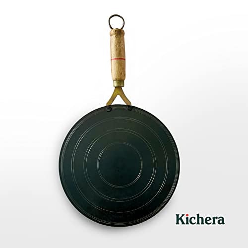 Kichera Traditional Pure Iron Dosa Kal/Tawa with Wooden Handle 28cm/11 inch, 1kg | Gas Stove and Induction Friendly | Pre-Seasoned Black Flat Tawa - Image 5
