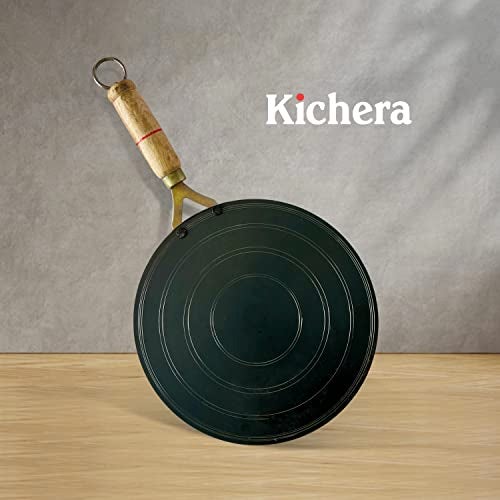 Kichera Traditional Pure Iron Dosa Kal/Tawa with Wooden Handle 28cm/11 inch, 1kg | Gas Stove and Induction Friendly | Pre-Seasoned Black Flat Tawa - Image 4