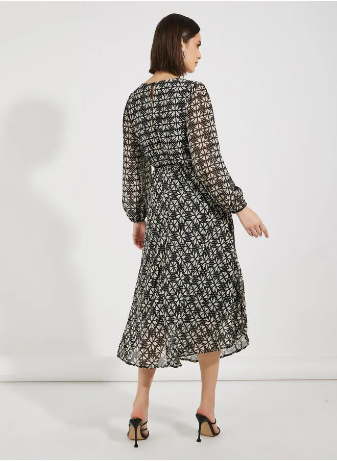 Styli Abstract Print A-Line Midi Dress