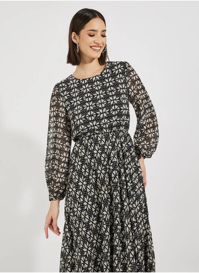 Styli Abstract Print A-Line Midi Dress
