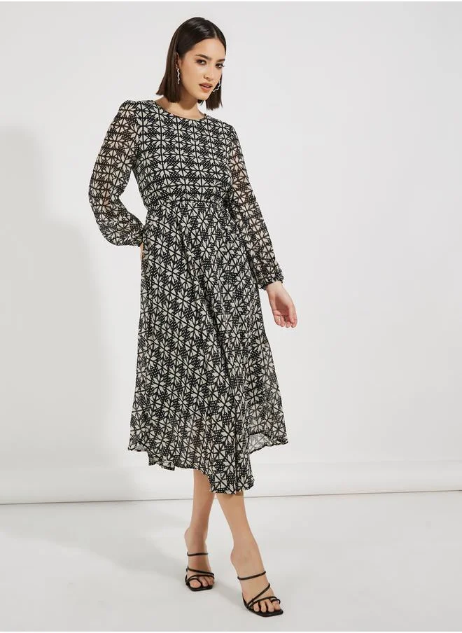 Styli Abstract Print A-Line Midi Dress