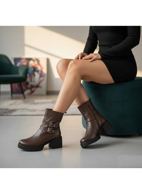 حذاء كاحل من الجلد أنيق E-102 - بني