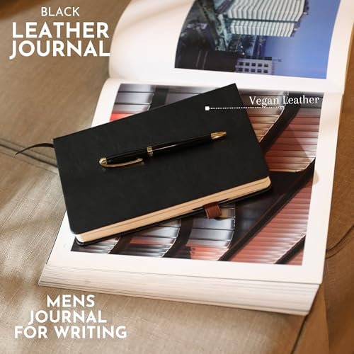 SETTINI Journal Notebook for Writing, Vegan Leather Hardcover Notebook - Pen loop, Back Pockets & Lay-Flat design, 120 GSM A5 College ruled Bleed free Paper, Gift Set for Men and Women, Onyx Black - Birthday Gift - Image 3