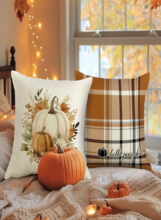 Benjia Fall 22x22 Throw Pillow Covers Set of 4, Watercolor Pumpkin Brown Checkered Decorative Holiday Pillow Case 22 x 22 Autumn Cushion Covers Pillowcase for Indoor Home Bedroom Couch Sofa Decor - Image 3