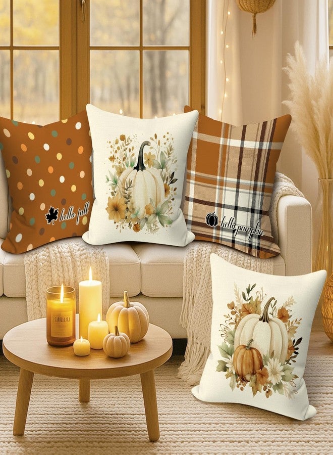 Benjia Fall 22x22 Throw Pillow Covers Set of 4, Watercolor Pumpkin Brown Checkered Decorative Holiday Pillow Case 22 x 22 Autumn Cushion Covers Pillowcase for Indoor Home Bedroom Couch Sofa Decor - Image 4
