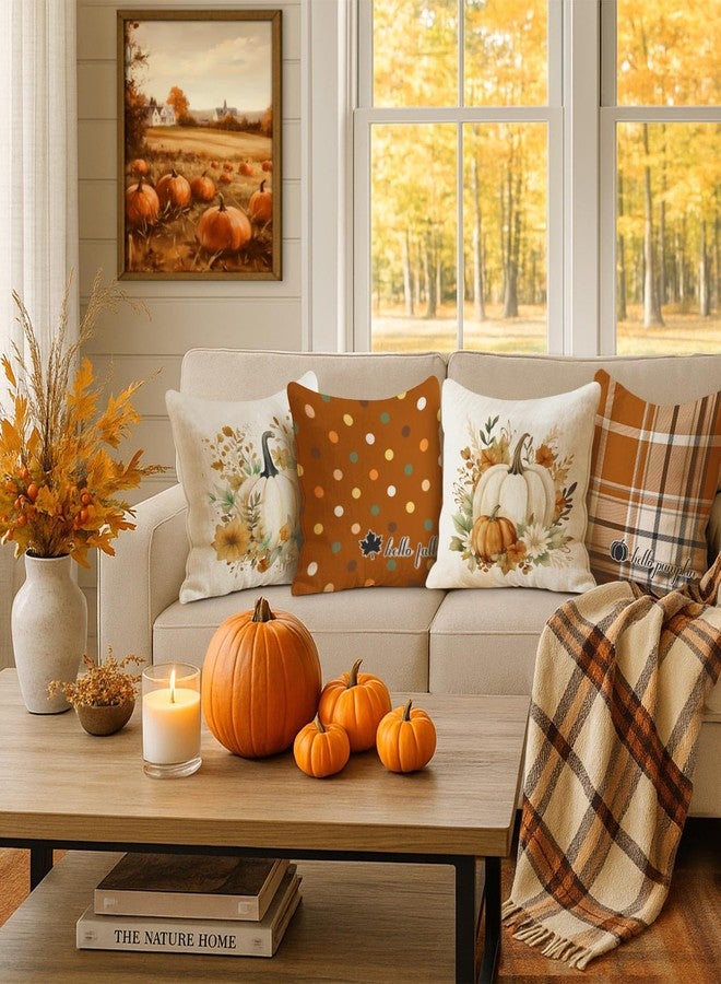 Benjia Fall 22x22 Throw Pillow Covers Set of 4, Watercolor Pumpkin Brown Checkered Decorative Holiday Pillow Case 22 x 22 Autumn Cushion Covers Pillowcase for Indoor Home Bedroom Couch Sofa Decor - Image 5