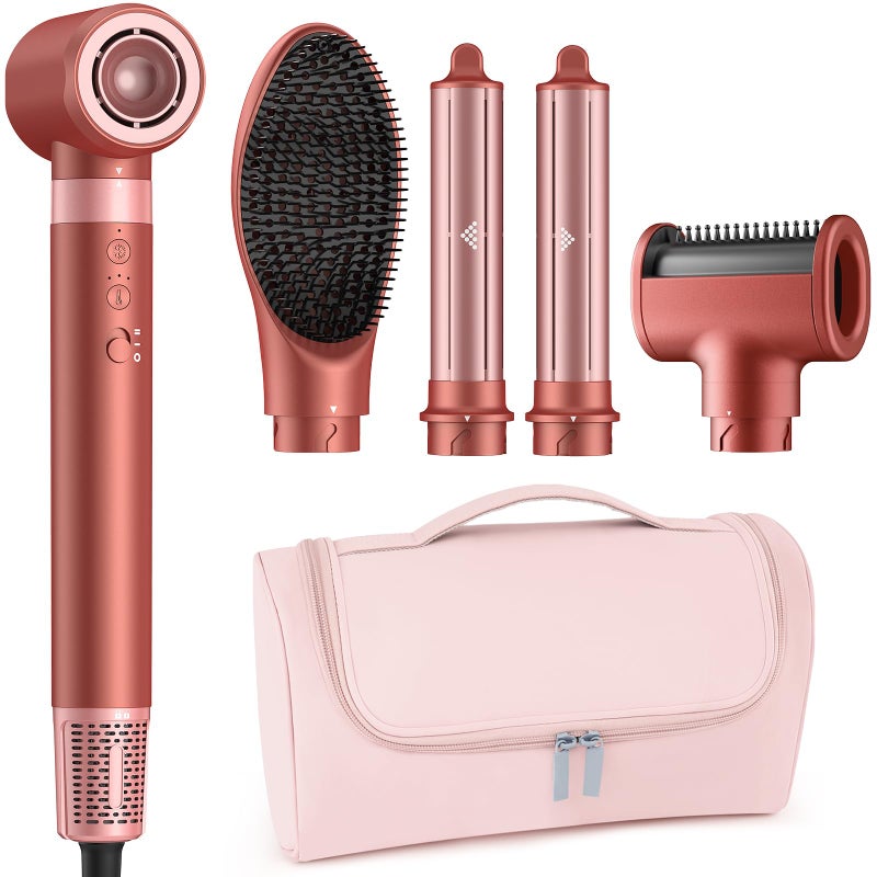 MESCOMB 5 in 1 High-Speed Hot Air Styler, Professional Frizz-Free Hair Dryer Brush, Fast Drying, No Heat Damage Air Styler Wrap for Curl, Volumize, Straighten, Includes Travel Bag (Hot Pink) - Image 1