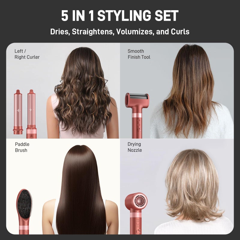 MESCOMB 5 in 1 High-Speed Hot Air Styler, Professional Frizz-Free Hair Dryer Brush, Fast Drying, No Heat Damage Air Styler Wrap for Curl, Volumize, Straighten, Includes Travel Bag (Hot Pink) - Image 5