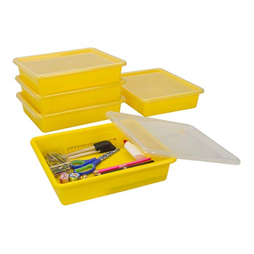 Storex Letter Size Flat Storage Tray Organizer Bin with NonSnap Lid for Classroom Office and Home Yellow 5Pack 62538A05C - Image 1