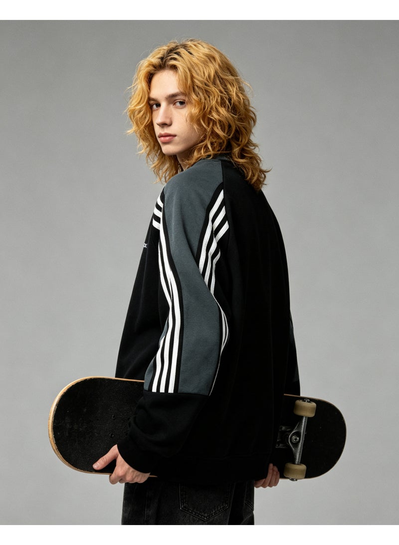 GEOX Unisex Crew Neck Sweatshirt Vintage Washed Oversized Color‑Block Striped Sleeves Casual Sporty Campus Top, Black Dark Green White - Image 3