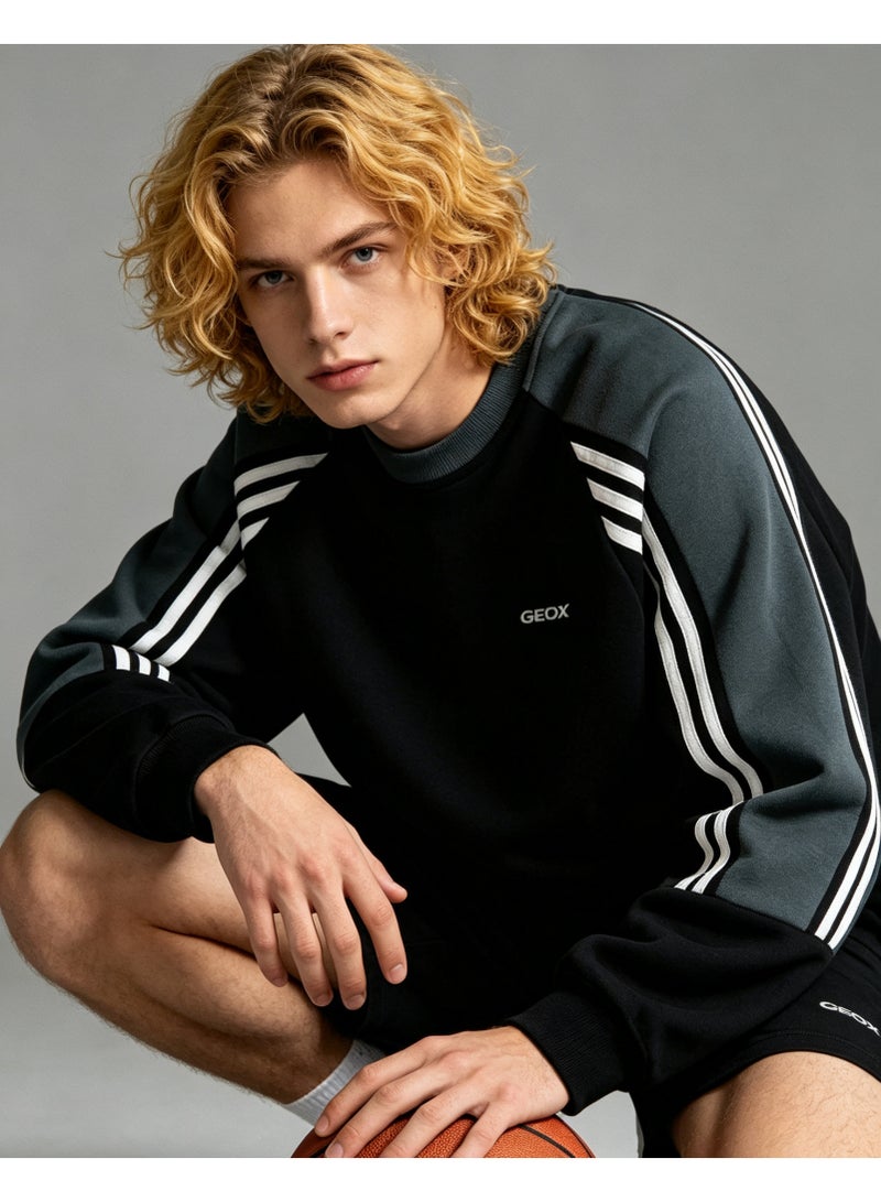 GEOX Unisex Crew Neck Sweatshirt Vintage Washed Oversized Color‑Block Striped Sleeves Casual Sporty Campus Top, Black Dark Green White - Image 5