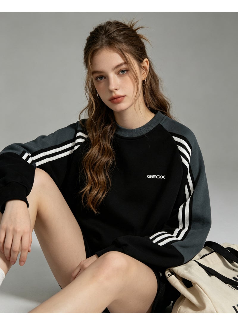 GEOX Unisex Crew Neck Sweatshirt Vintage Washed Oversized Color‑Block Striped Sleeves Casual Sporty Campus Top, Black Dark Green White - Image 4