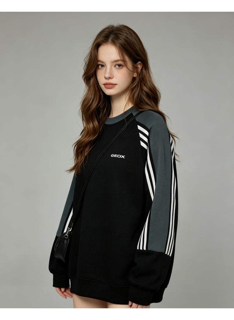GEOX Unisex Crew Neck Sweatshirt Vintage Washed Oversized Color‑Block Striped Sleeves Casual Sporty Campus Top, Black Dark Green White - Image 1