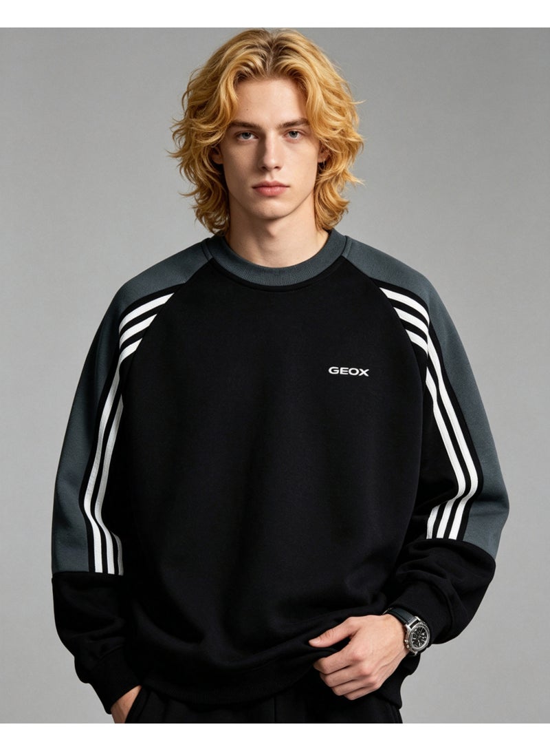 GEOX Unisex Crew Neck Sweatshirt Vintage Washed Oversized Color‑Block Striped Sleeves Casual Sporty Campus Top, Black Dark Green White - Image 2