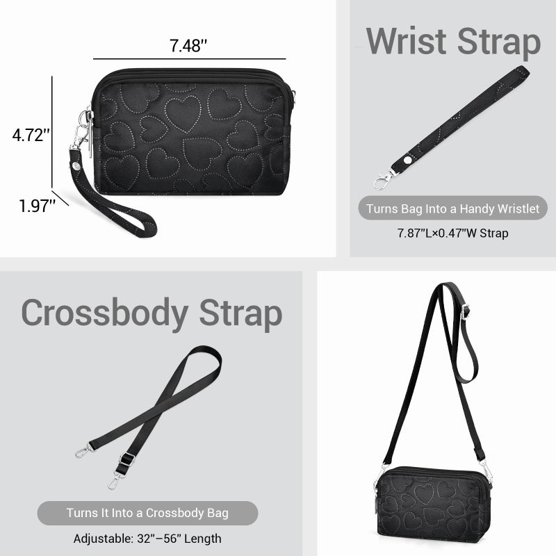 YINHEXI Small Crossbody Bag for Women Small Shoulder Handbags Nylon Quilted 3 Zippers Cell Phone Wallet Bag Purse for Women (Heart Black-01) - Image 5