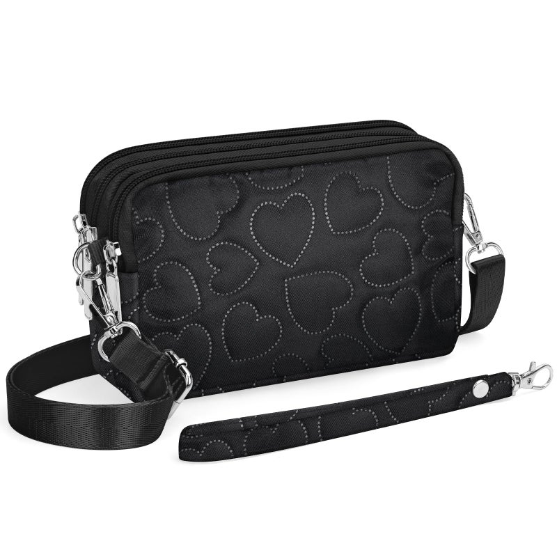 YINHEXI Small Crossbody Bag for Women Small Shoulder Handbags Nylon Quilted 3 Zippers Cell Phone Wallet Bag Purse for Women (Heart Black-01) - Image 1